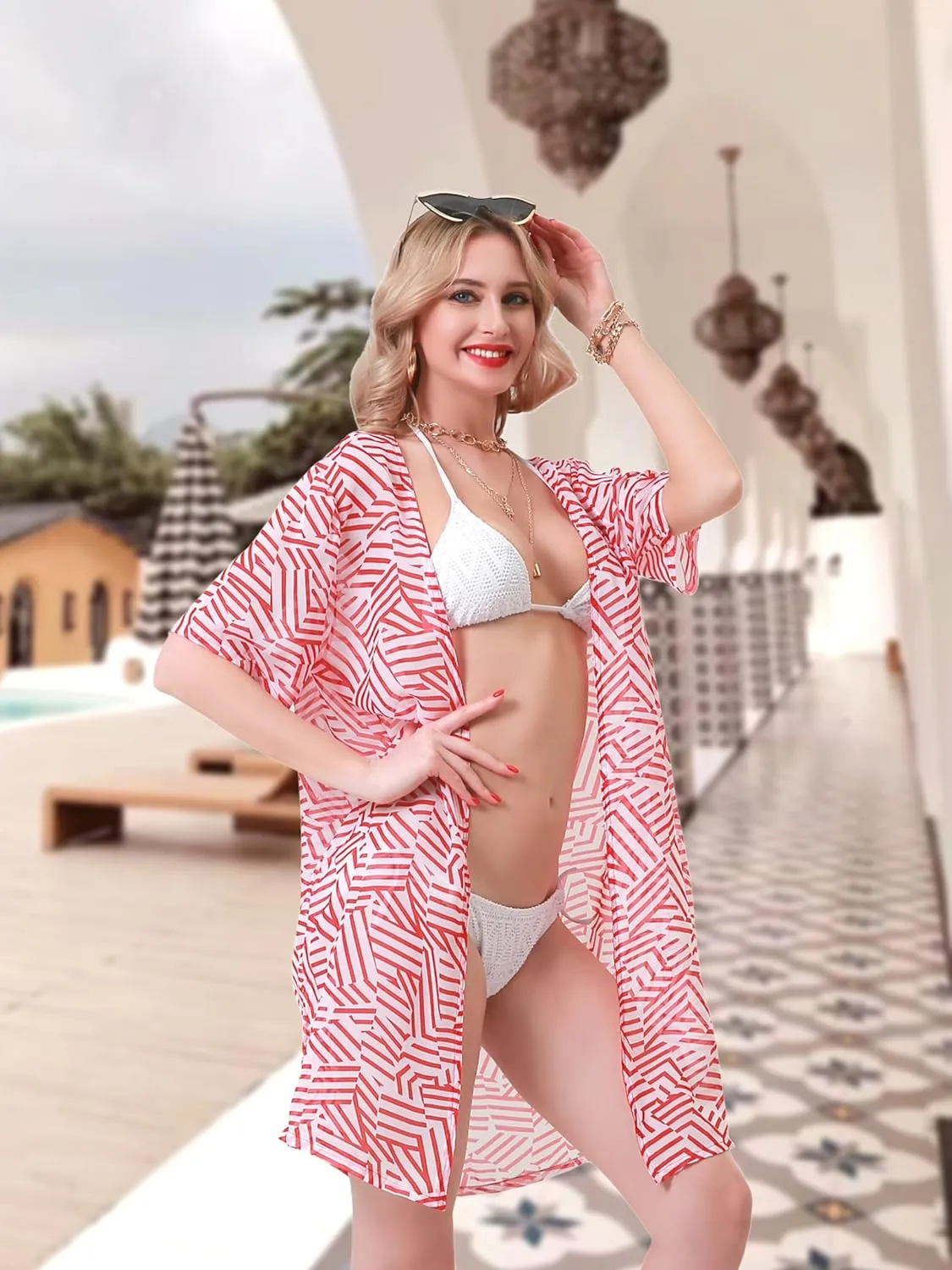 LA CARRIE Women's Printed Chiffon Kimono Cardigan Cover Up with Half Sleeve Summer Sheer Beachwear Swimsuit for Bikini