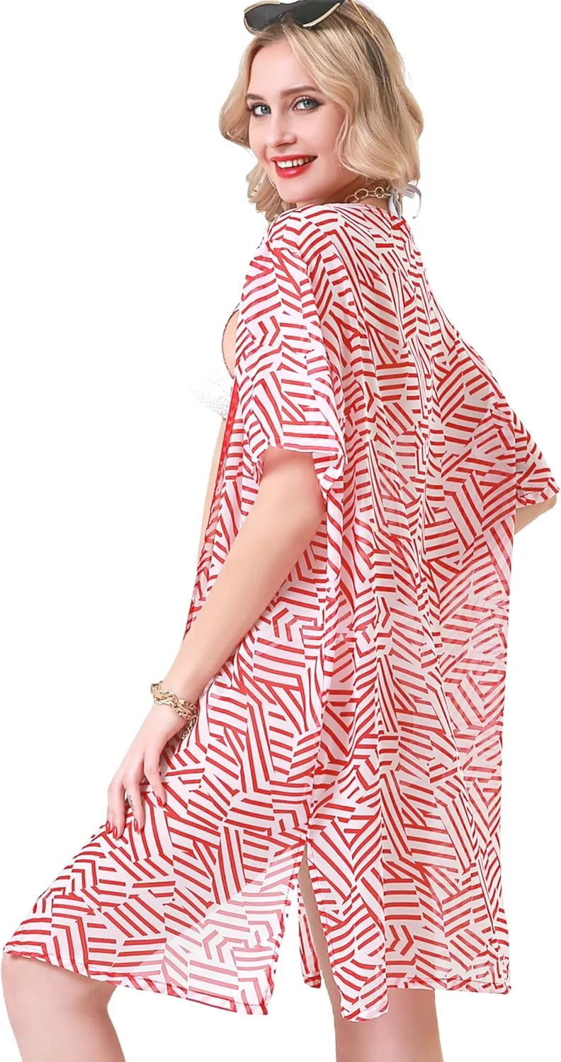 LA CARRIE Women's Printed Chiffon Kimono Cardigan Cover Up with Half Sleeve Summer Sheer Beachwear Swimsuit for Bikini