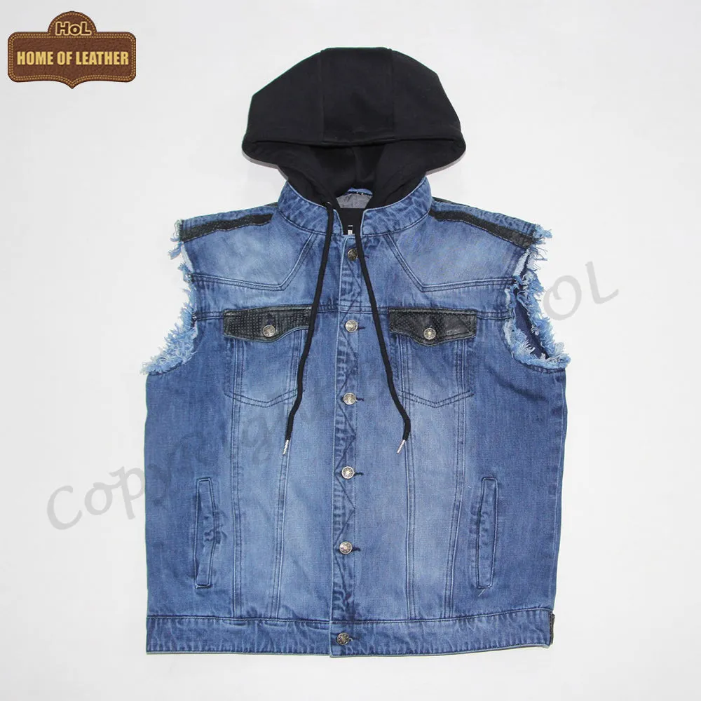 MDJ05 Men's Denim Sleeves Less Detachable Hooded Vest Blue Color Vest