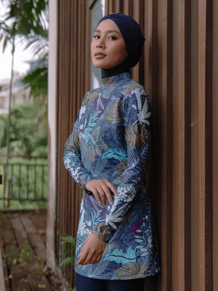 Modernly Modest Suria Tropical Muslimah Swimwear Set in Blue Purple (Plus Size Available)