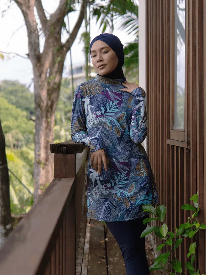 Modernly Modest Suria Tropical Muslimah Swimwear Set in Blue Purple (Plus Size Available)