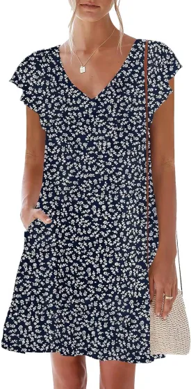 nclook Womens Summer Casual Dresses Sweet Cute V Neck Mini Dress with Pockets Ruffle Short Sleeve