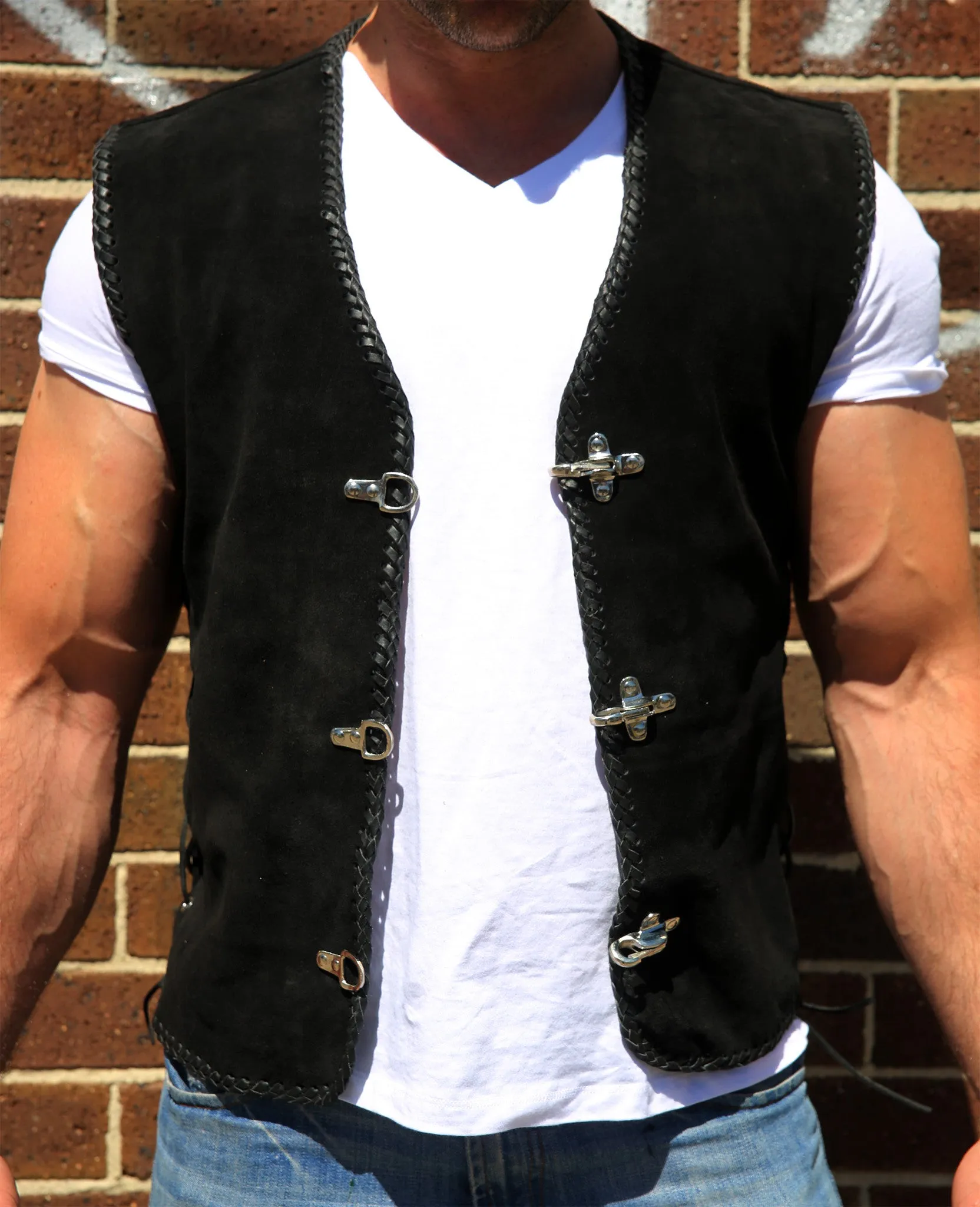 Pacifist Suede Biker Vest, Metal Clasp, Inner Pockets, Lace Sided