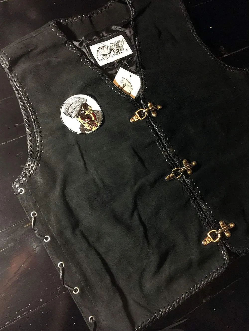 Pacifist Suede Biker Vest, Metal Clasp, Inner Pockets, Lace Sided