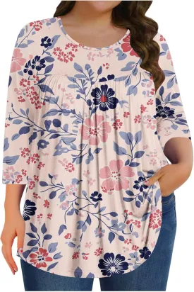 Plus Size Floral Tunic Tops for Women 3/4 Sleeve Loose Blouse Summer Casual Flowy Shirts Beach Boho Top