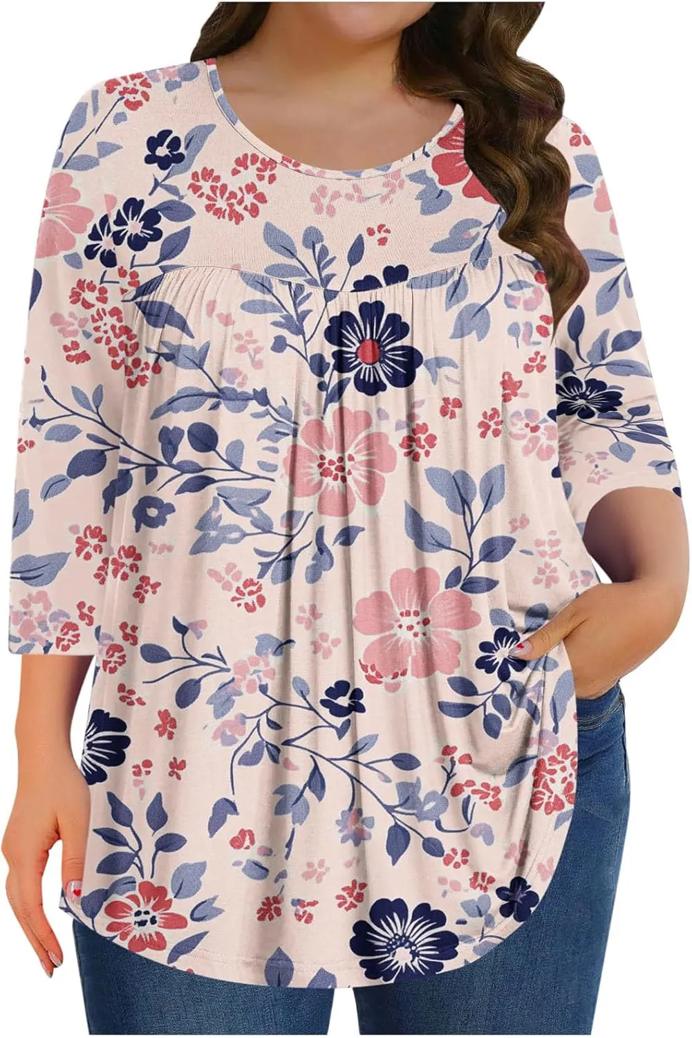 Plus Size Floral Tunic Tops for Women 3/4 Sleeve Loose Blouse Summer Casual Flowy Shirts Beach Boho Top