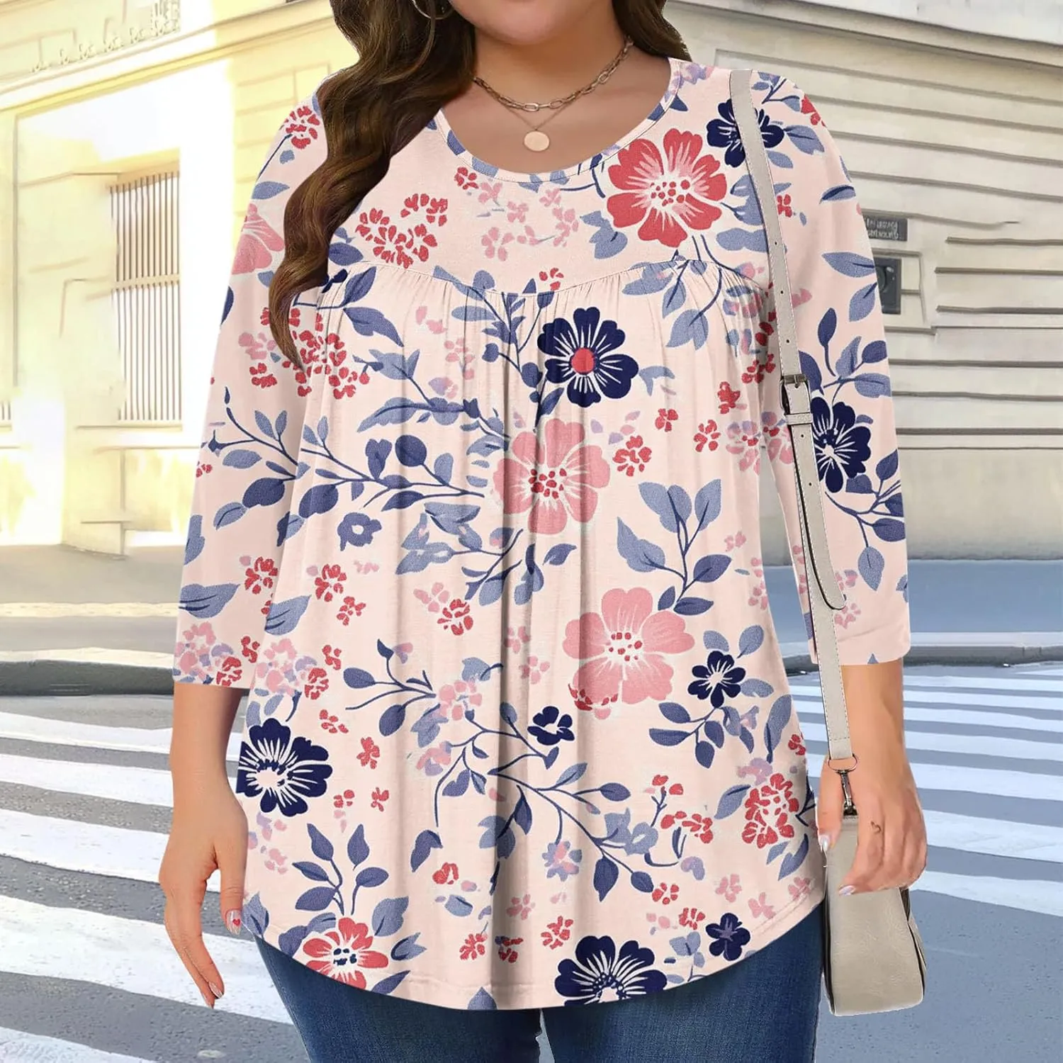 Plus Size Floral Tunic Tops for Women 3/4 Sleeve Loose Blouse Summer Casual Flowy Shirts Beach Boho Top