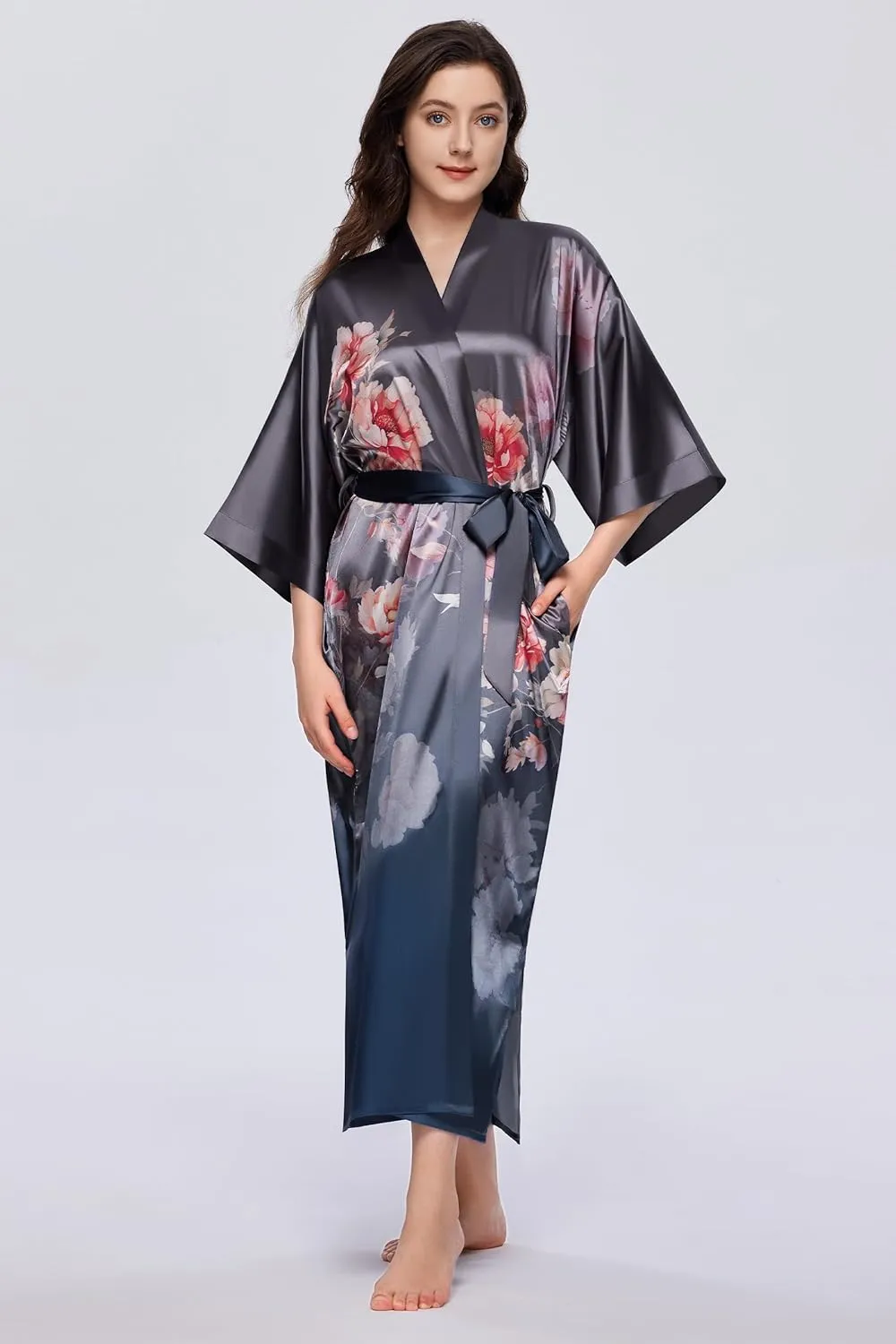 PRODESIGN Kimono Robes for Women - Long Satin Sleepwear Silky Nightgown Bathrobe Gradient Floral Dressing Gown Blouse Robe