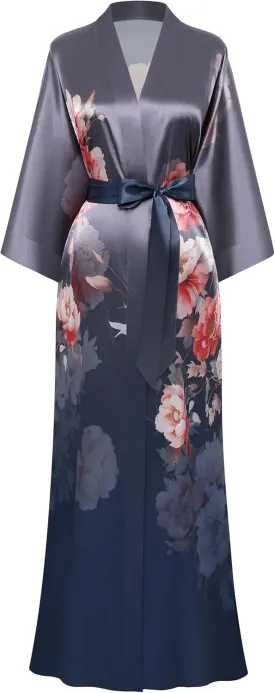 PRODESIGN Kimono Robes for Women - Long Satin Sleepwear Silky Nightgown Bathrobe Gradient Floral Dressing Gown Blouse Robe