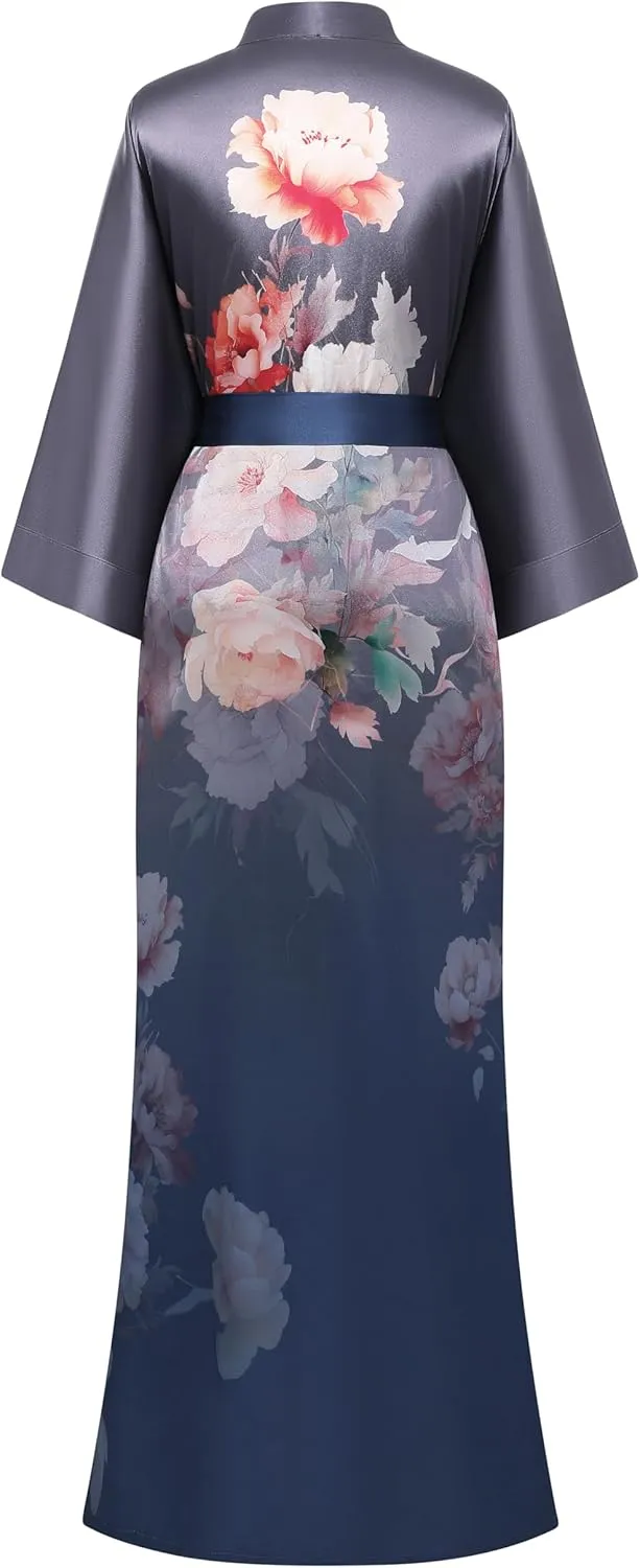 PRODESIGN Kimono Robes for Women - Long Satin Sleepwear Silky Nightgown Bathrobe Gradient Floral Dressing Gown Blouse Robe
