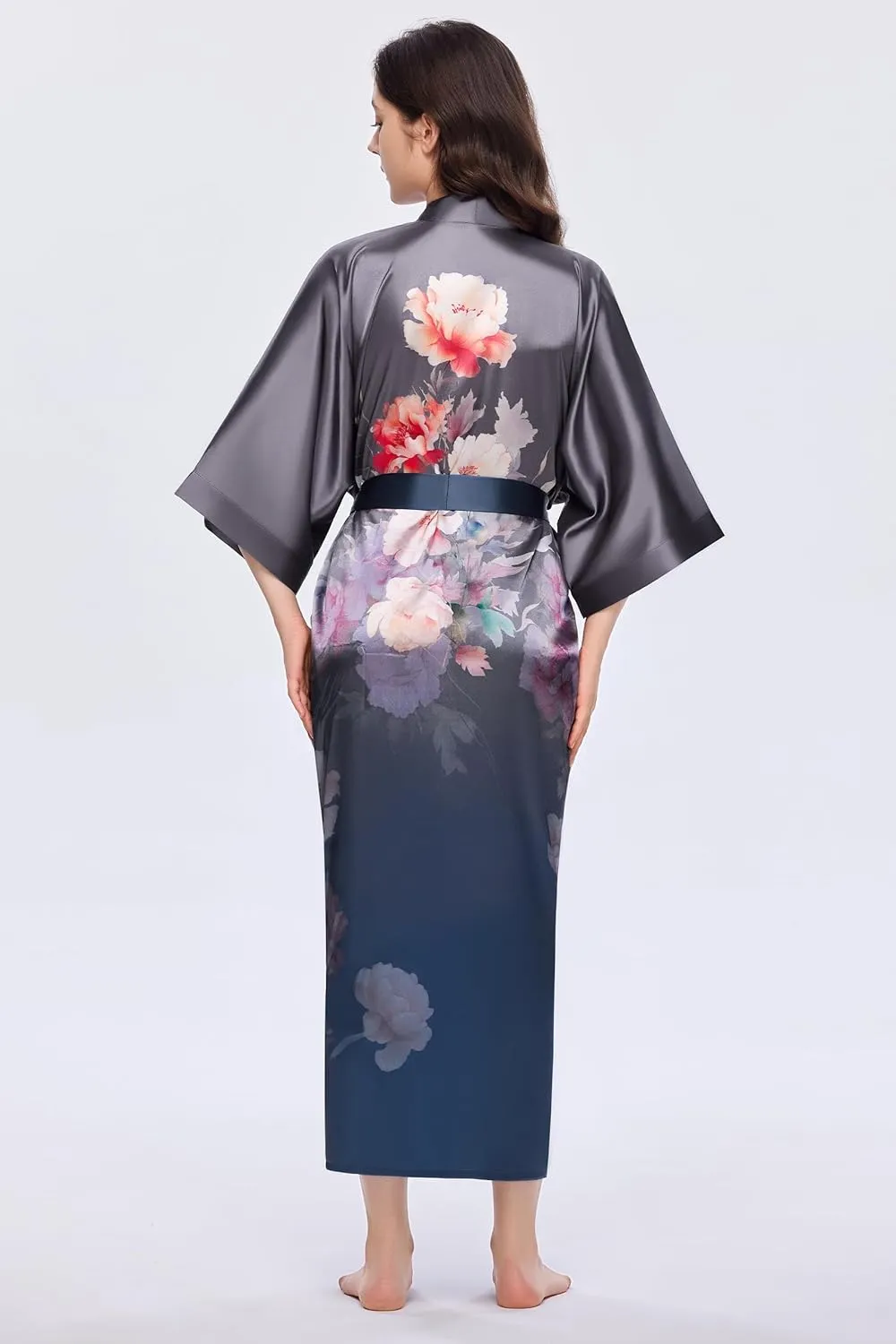 PRODESIGN Kimono Robes for Women - Long Satin Sleepwear Silky Nightgown Bathrobe Gradient Floral Dressing Gown Blouse Robe