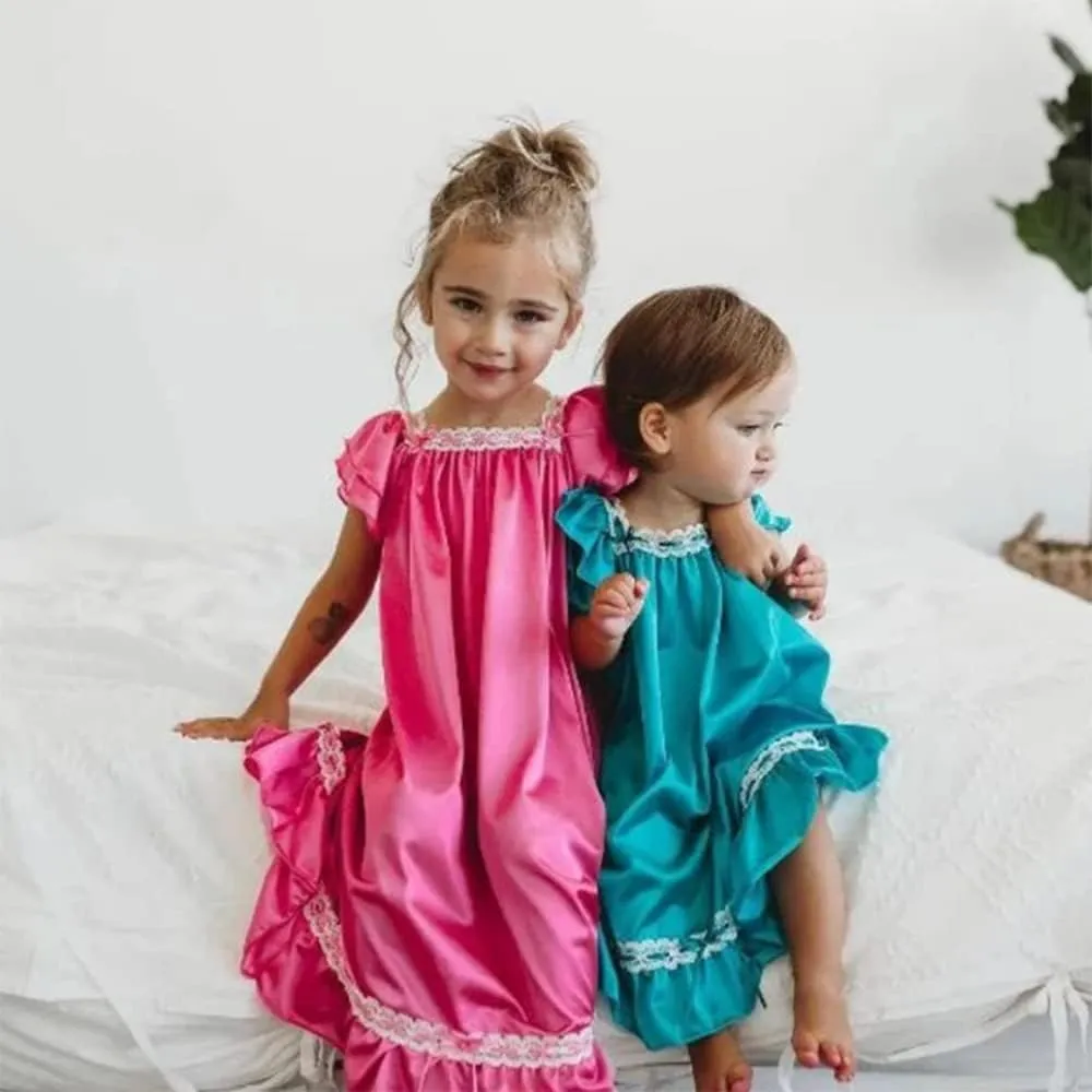 Qiylii Princess Kids Baby Girls Silk Nightgown Dress Ruffle Short Sleeve Satin Nightdress Sleeper Outfits