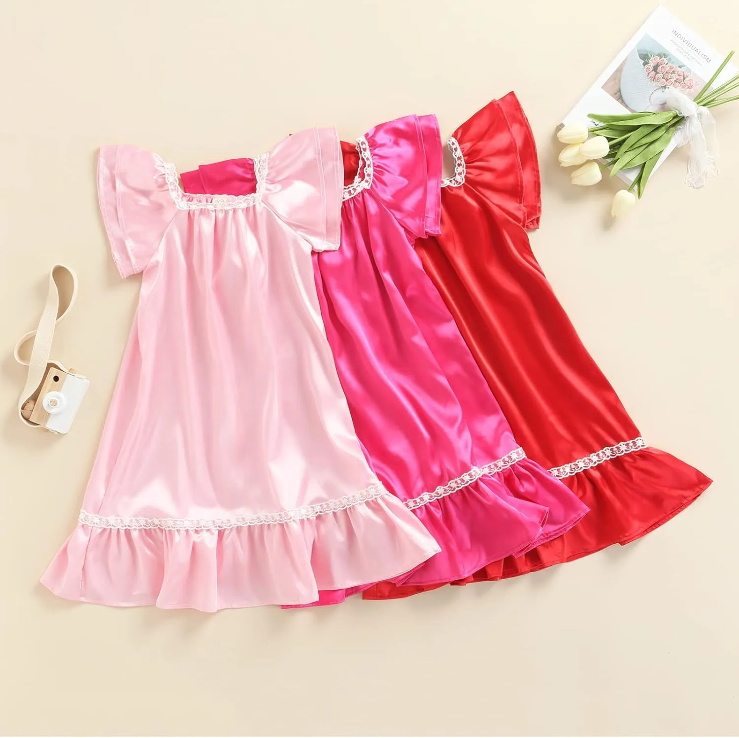 Qiylii Princess Kids Baby Girls Silk Nightgown Dress Ruffle Short Sleeve Satin Nightdress Sleeper Outfits