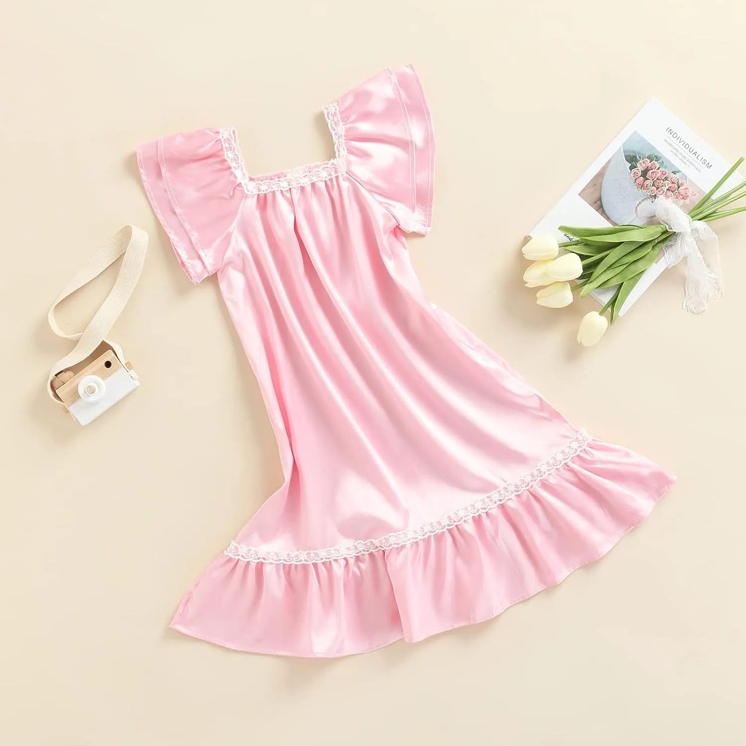 Qiylii Princess Kids Baby Girls Silk Nightgown Dress Ruffle Short Sleeve Satin Nightdress Sleeper Outfits