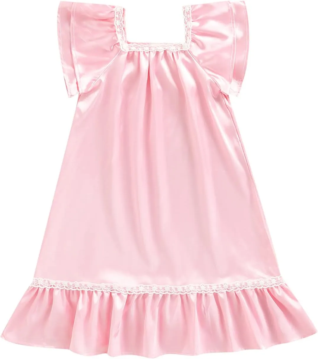 Qiylii Princess Kids Baby Girls Silk Nightgown Dress Ruffle Short Sleeve Satin Nightdress Sleeper Outfits