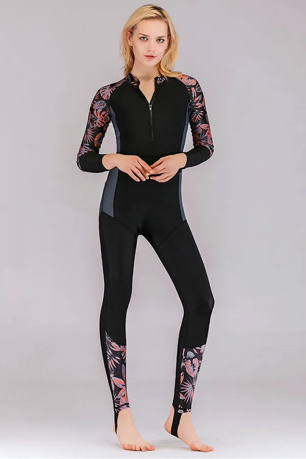 Quick-drying UPF50 Tropical Floral Print Front Zip Fullsuit Wetsuit