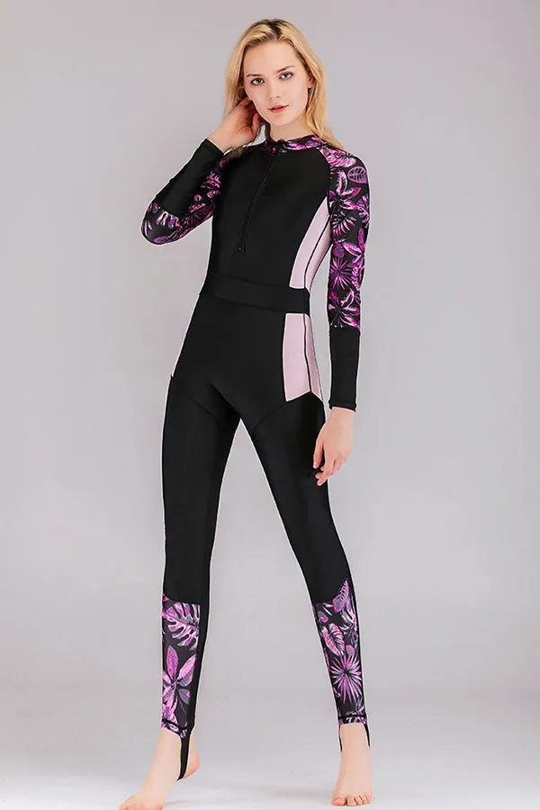 Quick-drying UPF50 Tropical Floral Print Front Zip Fullsuit Wetsuit