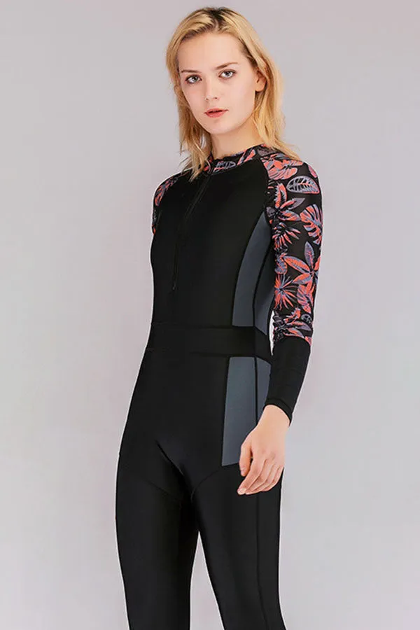 Quick-drying UPF50 Tropical Floral Print Front Zip Fullsuit Wetsuit