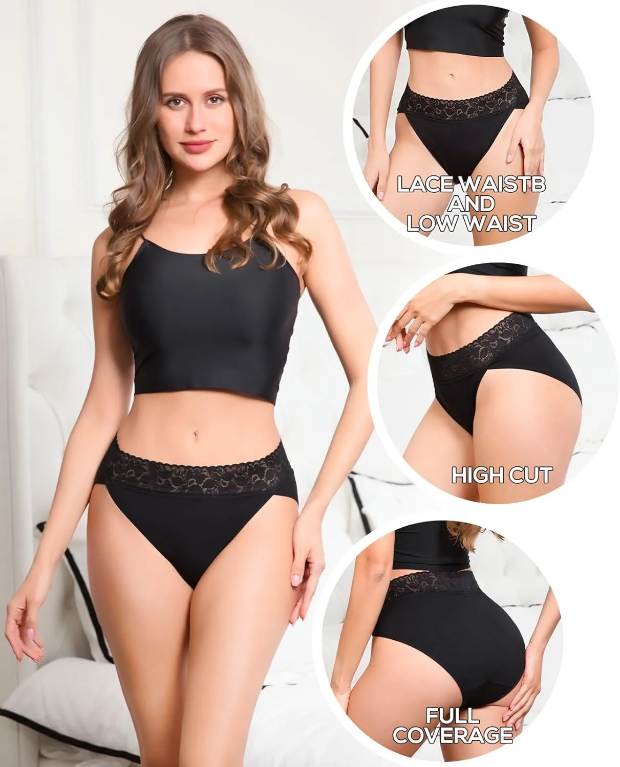 RHYFF Womens Underwear Cotton Bikini Panties High Cut Lace Panty Stretch Hipster Underpants Ladies Briefs S-XXL