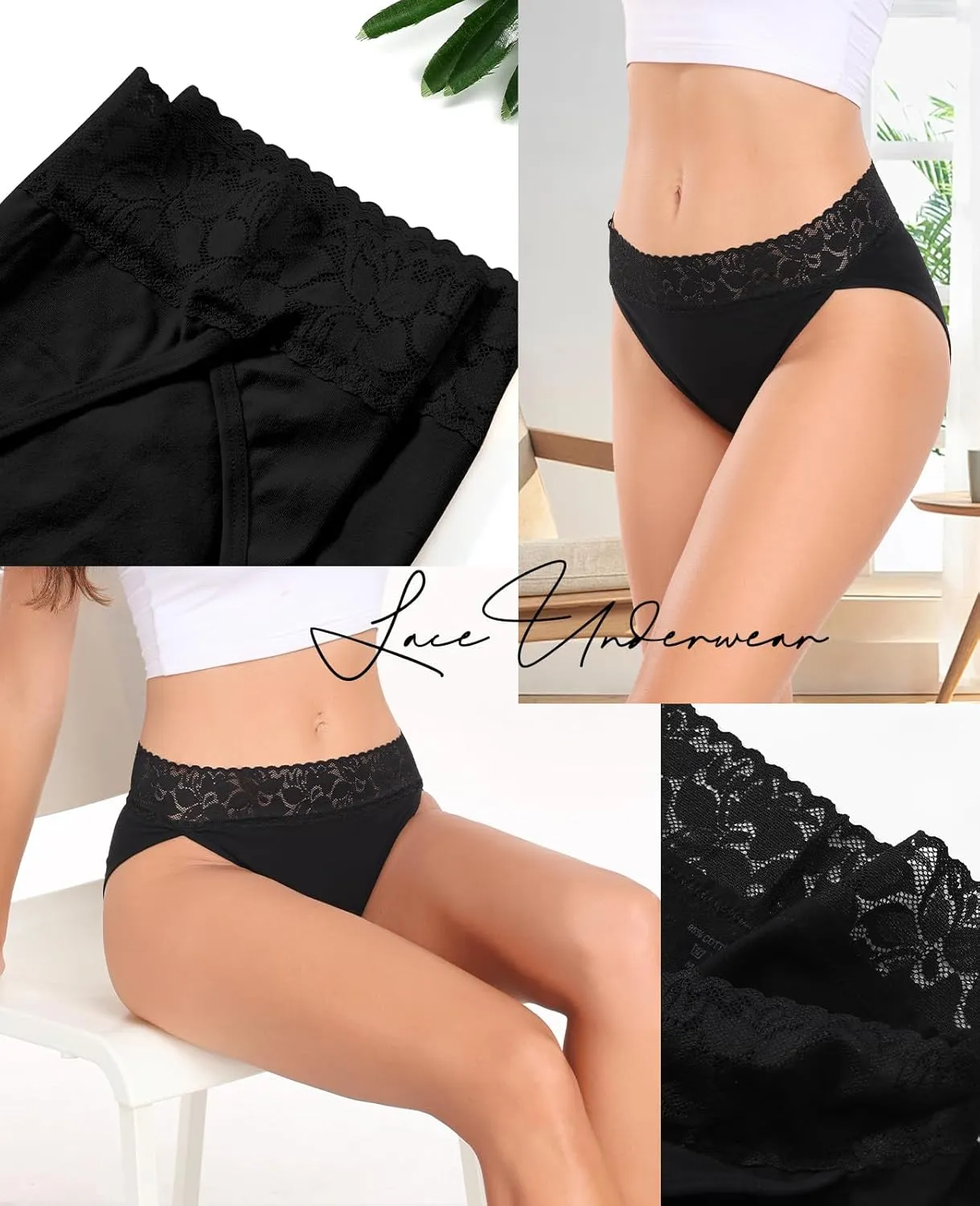 RHYFF Womens Underwear Cotton Bikini Panties High Cut Lace Panty Stretch Hipster Underpants Ladies Briefs S-XXL
