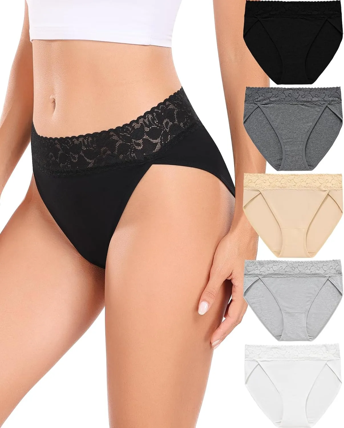 RHYFF Womens Underwear Cotton Bikini Panties High Cut Lace Panty Stretch Hipster Underpants Ladies Briefs S-XXL