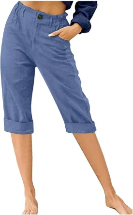 Ruziyoog Womens Capri Pants Casual 2025 Summer Drawstring Elastic Waist Cotton Linen Pant Cropped Comfy Baggy Trousers