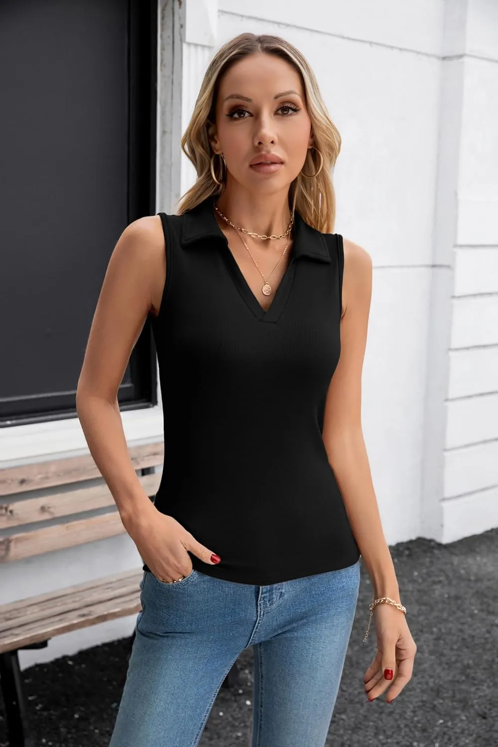 SANDERY Womens Ribbed Tank Top Sleeveless Tops Collared V Neck Polo Shirts Slim Fit Knit Basic Going Out Tops 2025