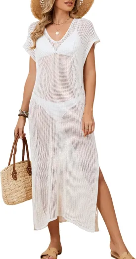 shermie Women's Short Sleeve V Neck Swimsuit Cover Up Loose Long Crochet Beach Dress