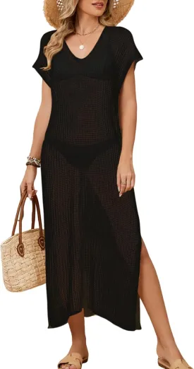 shermie Women's Short Sleeve V Neck Swimsuit Cover Up Loose Long Crochet Beach Dress