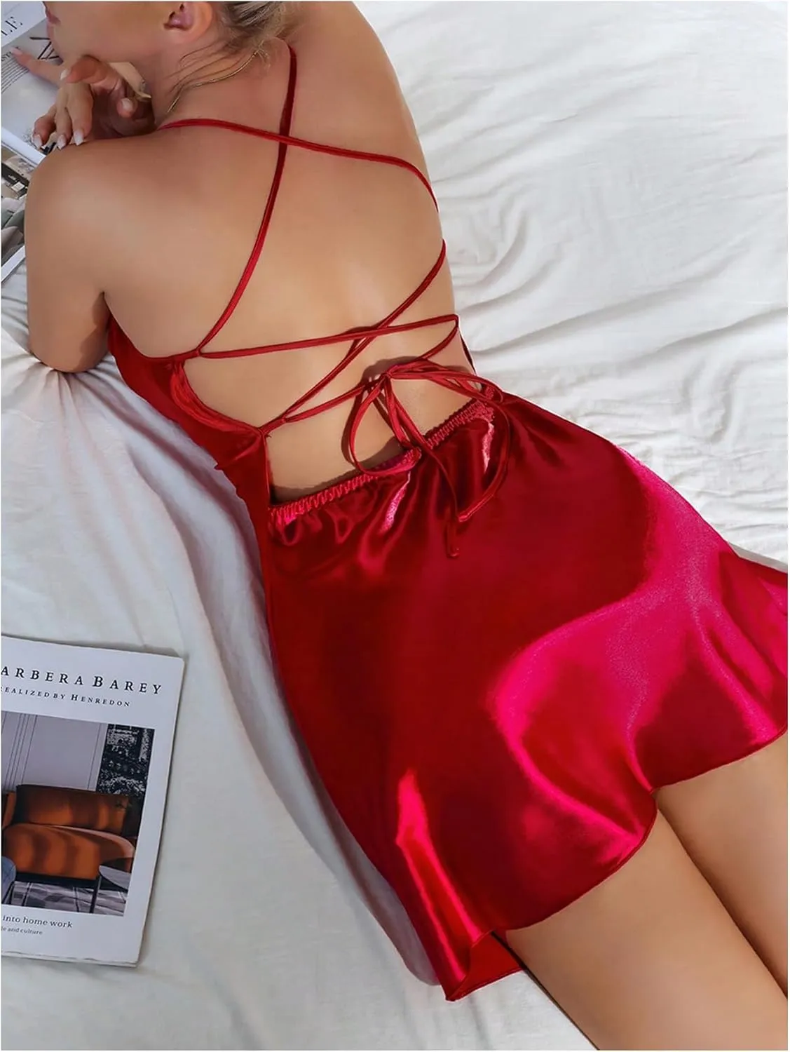 SOLY HUX Women's Satin Nightgowns Lace Trim Cami Night Dress Side Slit Chemise Slip Dress Sleepwear