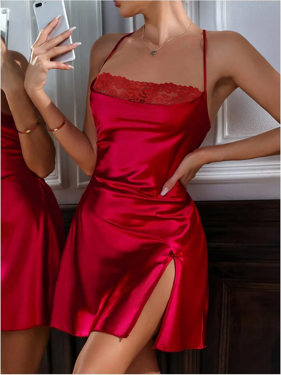 SOLY HUX Women's Satin Nightgowns Lace Trim Cami Night Dress Side Slit Chemise Slip Dress Sleepwear
