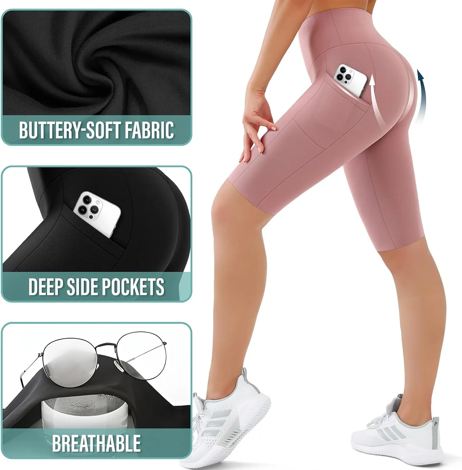 SUNCLOVE 3 Pack Biker Shorts for Women Tummy Control Workout Yoga Gym Running Shorts with Pockets