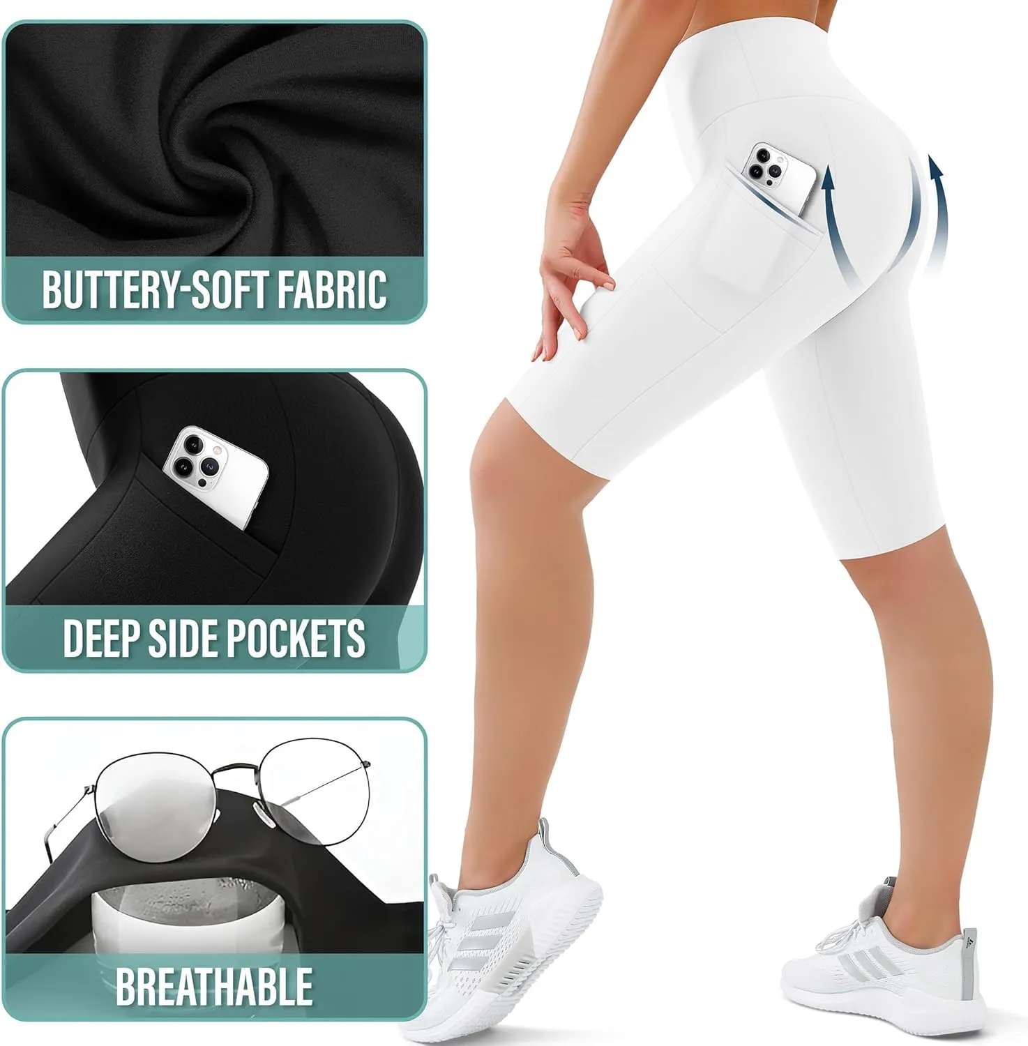 SUNCLOVE 3 Pack Biker Shorts for Women Tummy Control Workout Yoga Gym Running Shorts with Pockets