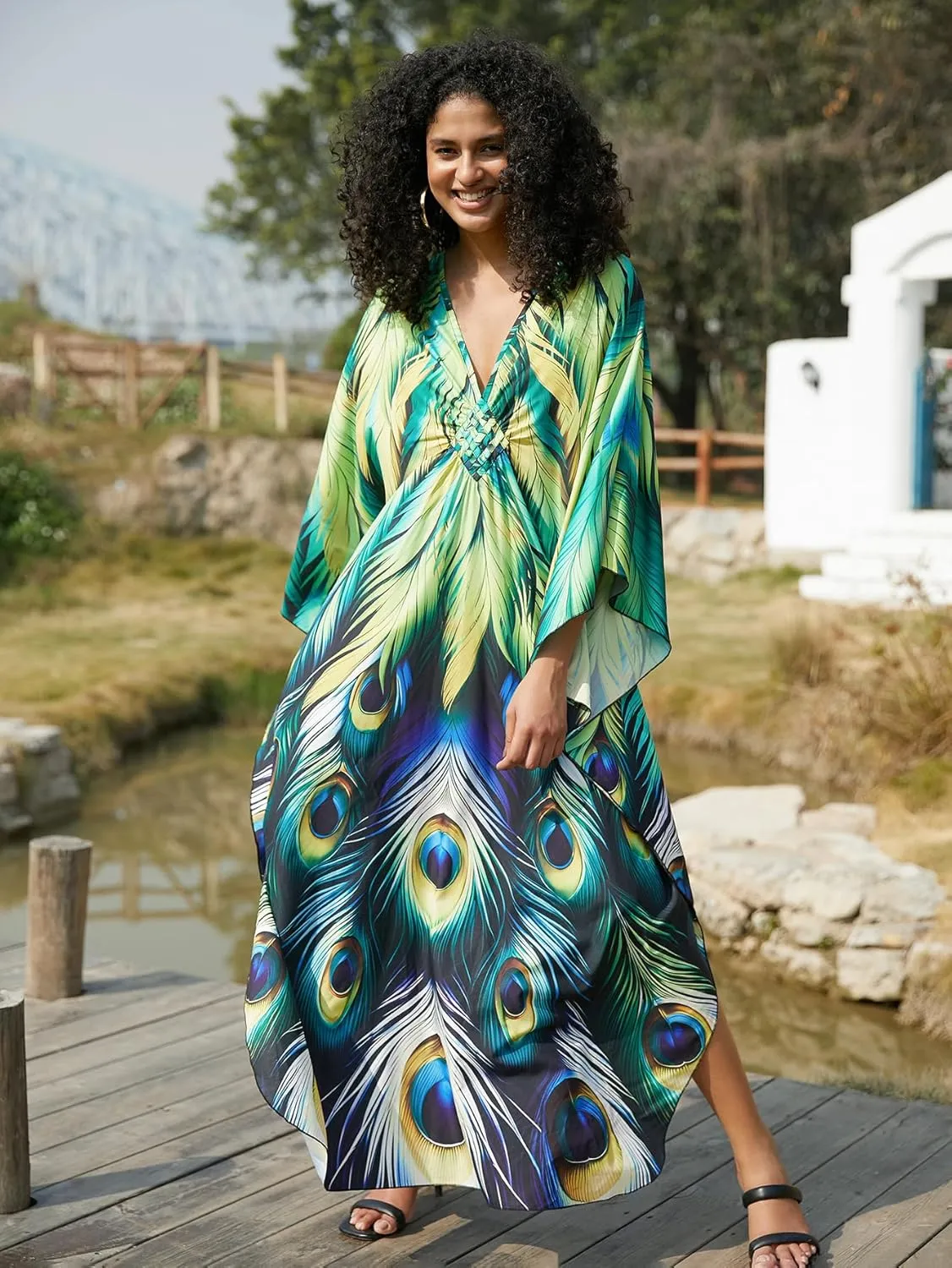 Swimsuit Cover ups Plus Size Caftans Beach Cover Up Maxi Beach Dress Vneck Batwing Sleeve Kaftan Dresses for Women