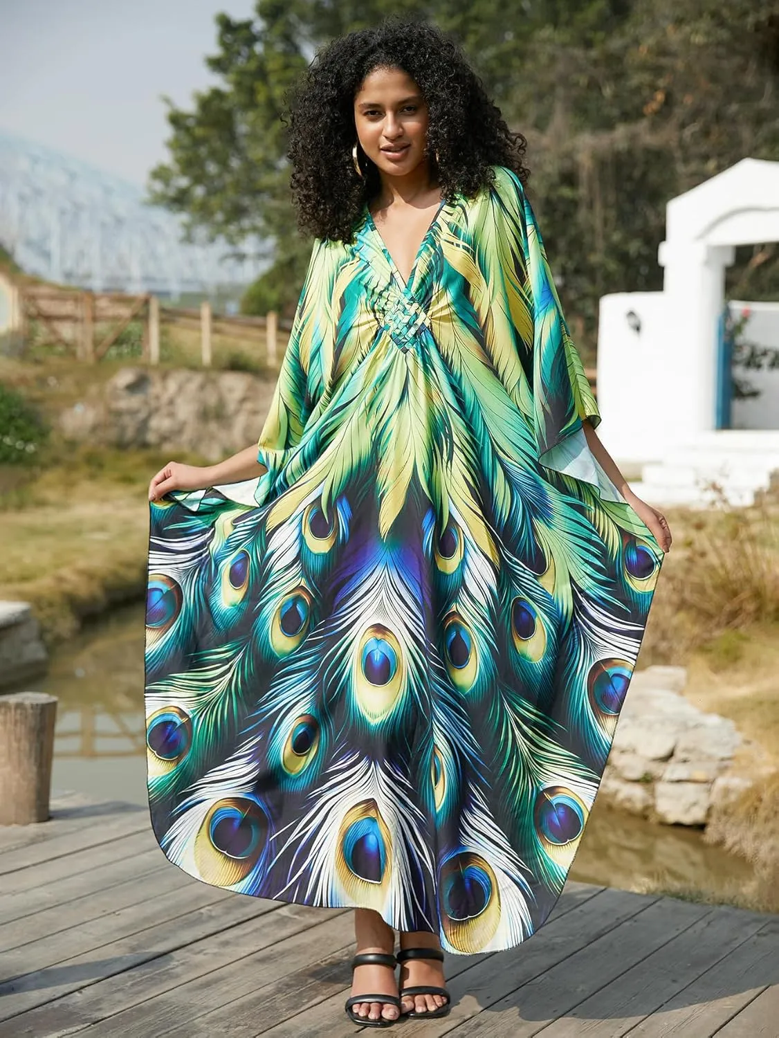 Swimsuit Cover ups Plus Size Caftans Beach Cover Up Maxi Beach Dress Vneck Batwing Sleeve Kaftan Dresses for Women