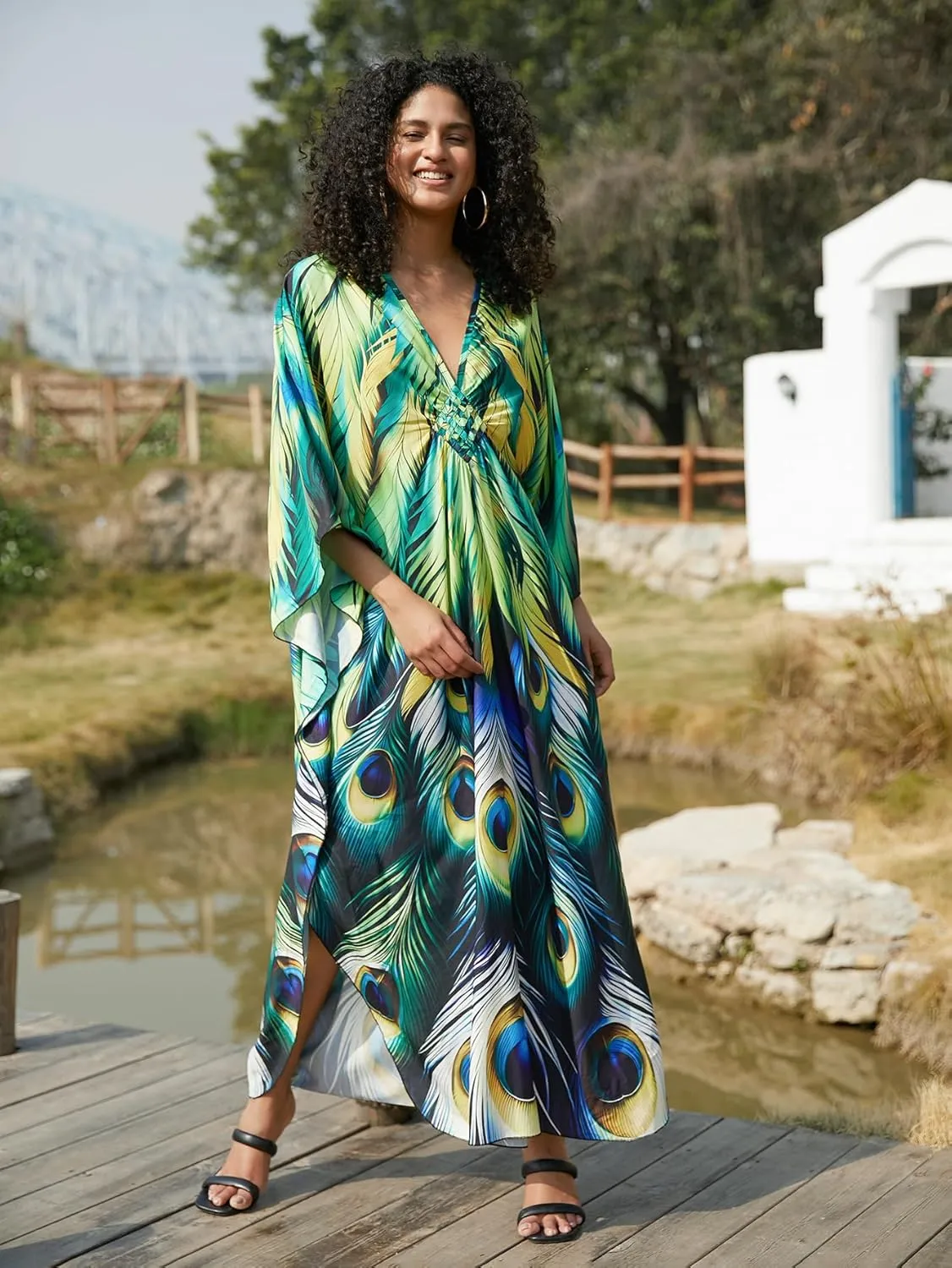 Swimsuit Cover ups Plus Size Caftans Beach Cover Up Maxi Beach Dress Vneck Batwing Sleeve Kaftan Dresses for Women