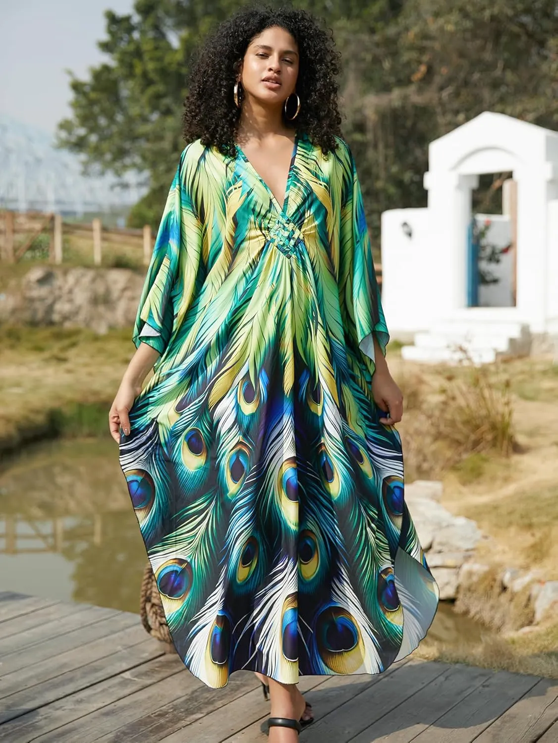 Swimsuit Cover ups Plus Size Caftans Beach Cover Up Maxi Beach Dress Vneck Batwing Sleeve Kaftan Dresses for Women