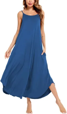 SWOMOG Women Long Nightgown Pajama Dress Soft Strap Nightdress Summer Sleeveless Nightshirt Lounge Dress with Pockets
