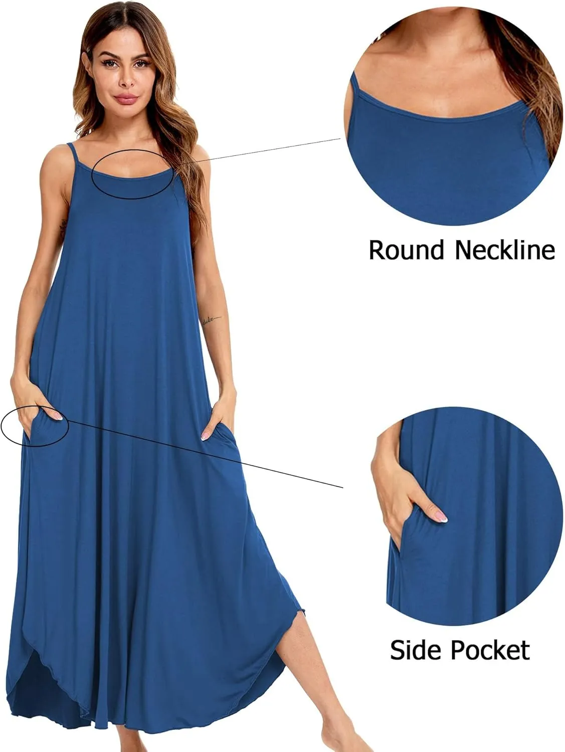 SWOMOG Women Long Nightgown Pajama Dress Soft Strap Nightdress Summer Sleeveless Nightshirt Lounge Dress with Pockets