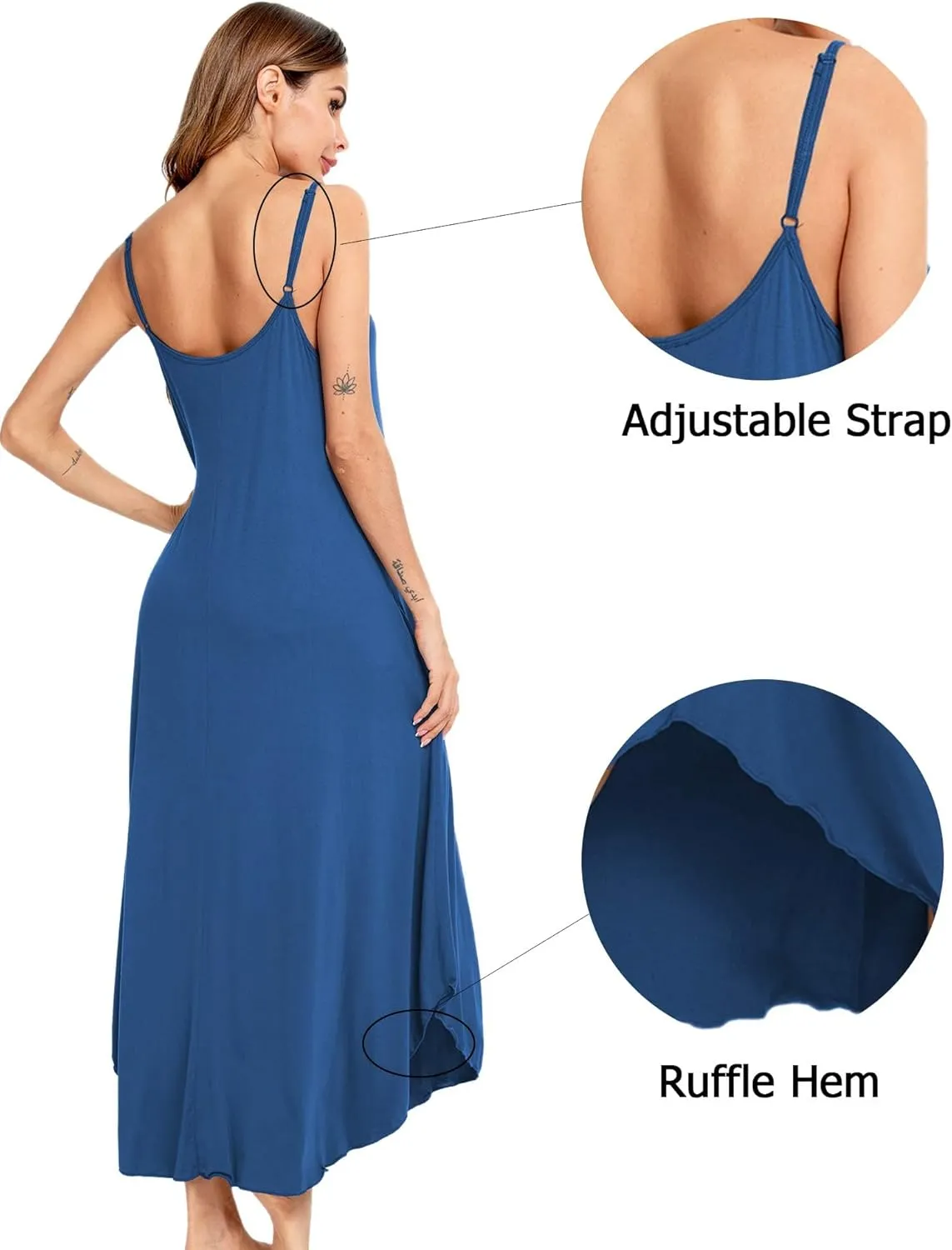 SWOMOG Women Long Nightgown Pajama Dress Soft Strap Nightdress Summer Sleeveless Nightshirt Lounge Dress with Pockets