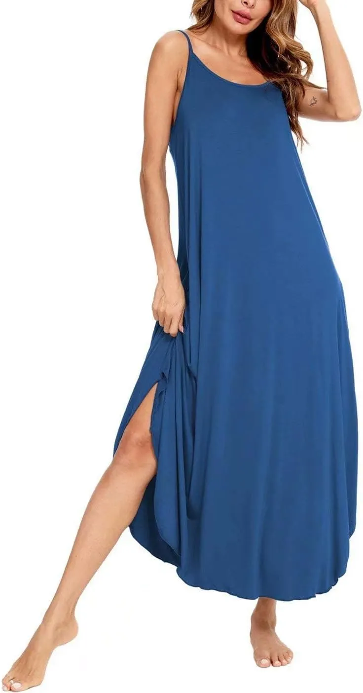 SWOMOG Women Long Nightgown Pajama Dress Soft Strap Nightdress Summer Sleeveless Nightshirt Lounge Dress with Pockets