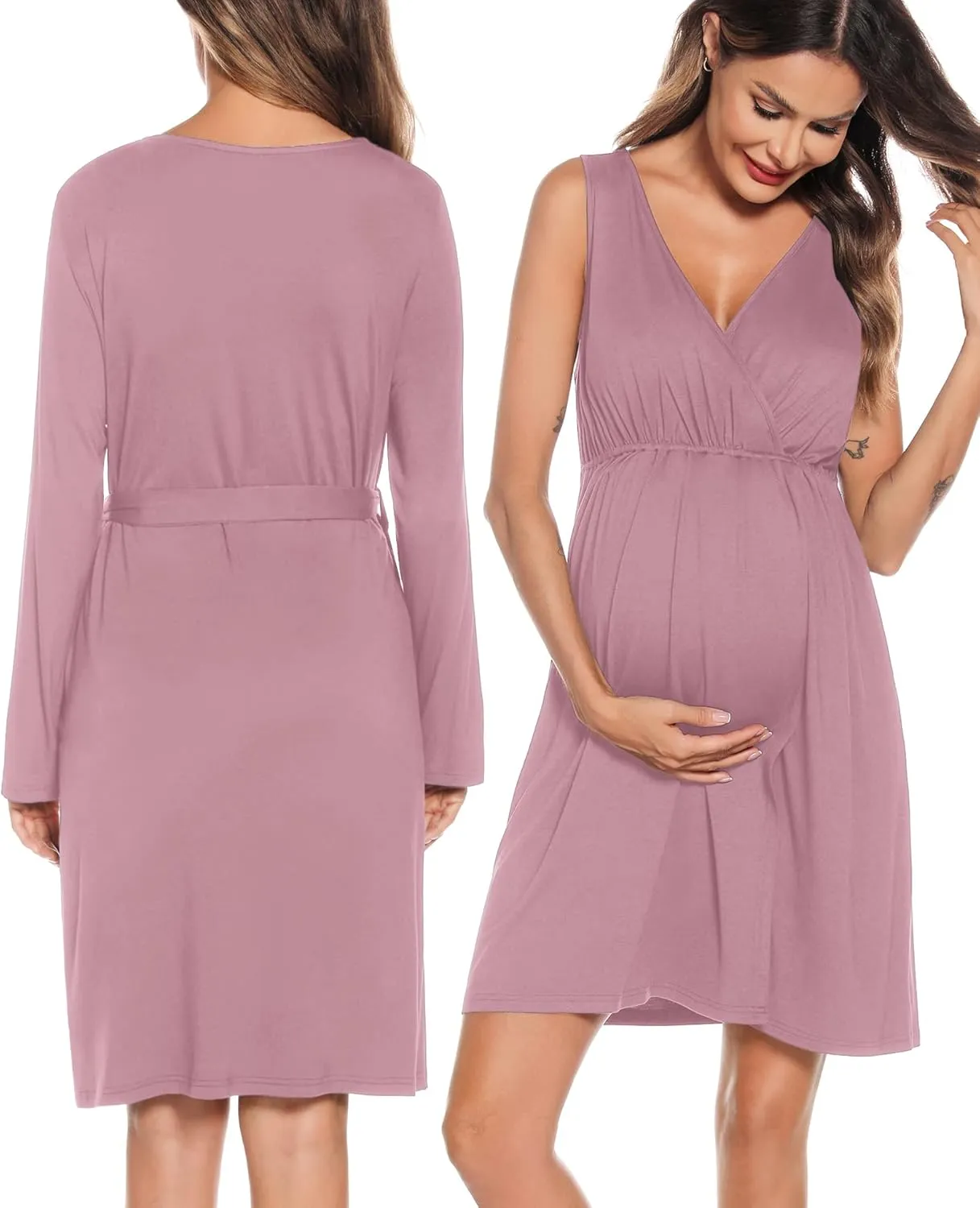 SWOMOG Women Maternity Nursing Gown and Robe Set 3 in 1 Labor Delivery Nursing Nightgown for Breastfeeding Hospital Bathrobe