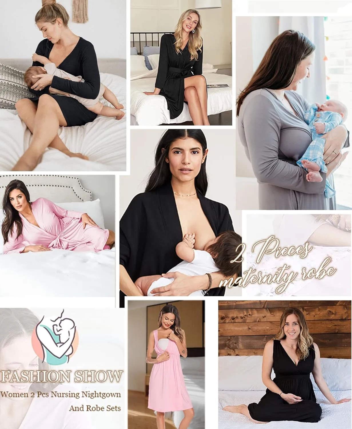SWOMOG Women Maternity Nursing Gown and Robe Set 3 in 1 Labor Delivery Nursing Nightgown for Breastfeeding Hospital Bathrobe