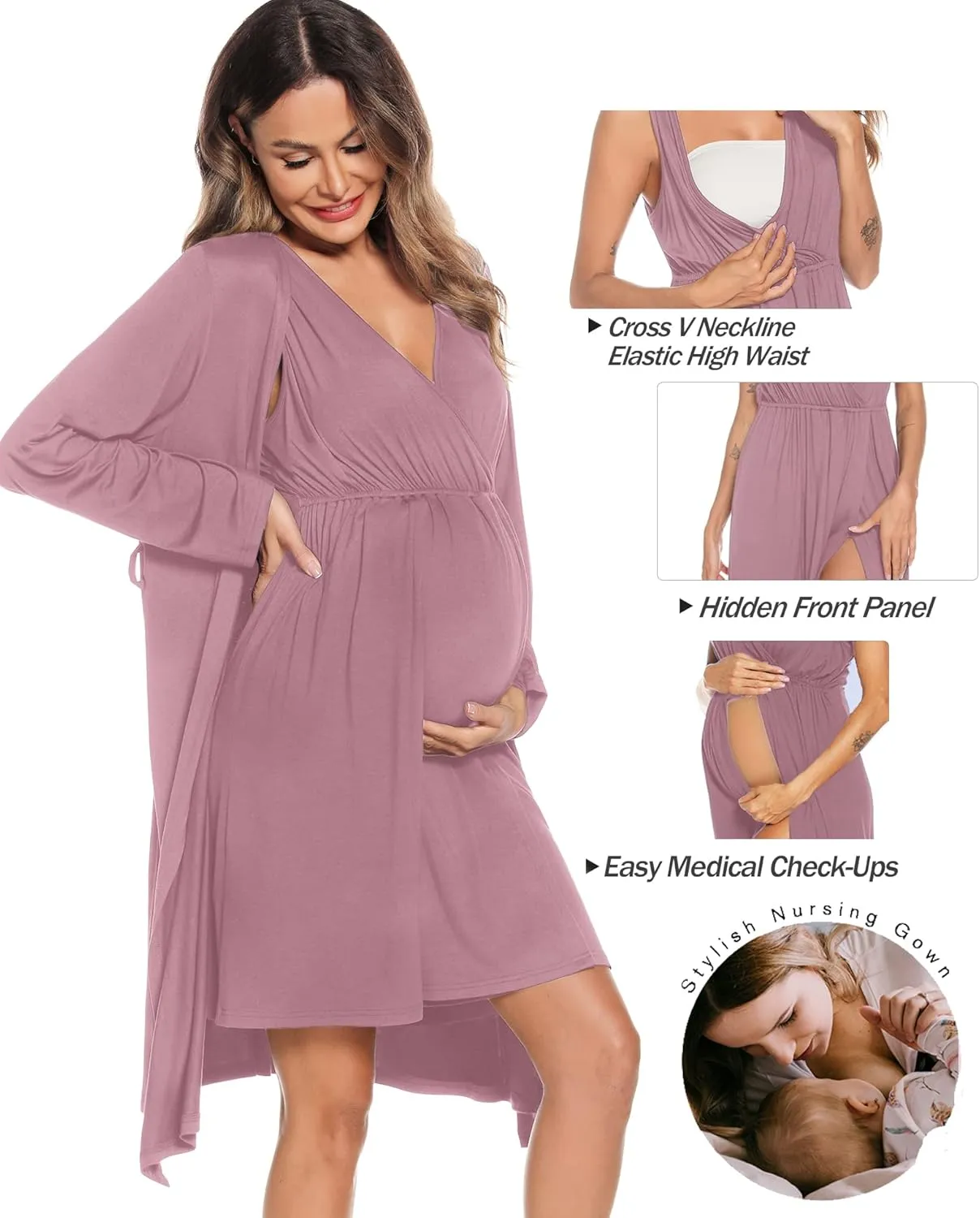 SWOMOG Women Maternity Nursing Gown and Robe Set 3 in 1 Labor Delivery Nursing Nightgown for Breastfeeding Hospital Bathrobe
