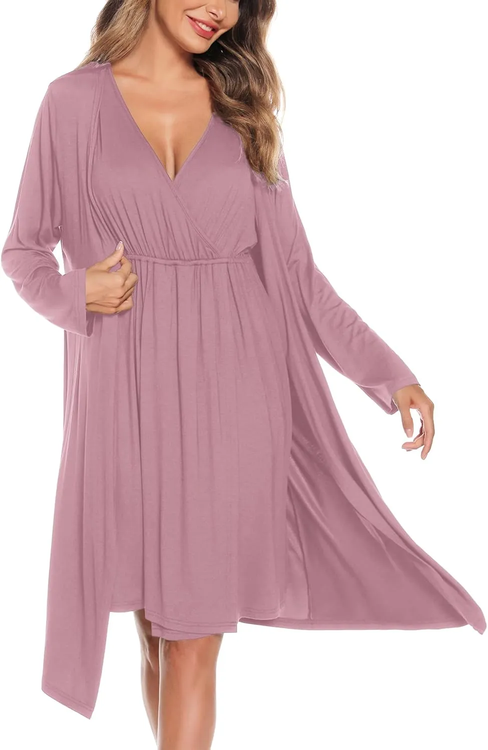 SWOMOG Women Maternity Nursing Gown and Robe Set 3 in 1 Labor Delivery Nursing Nightgown for Breastfeeding Hospital Bathrobe