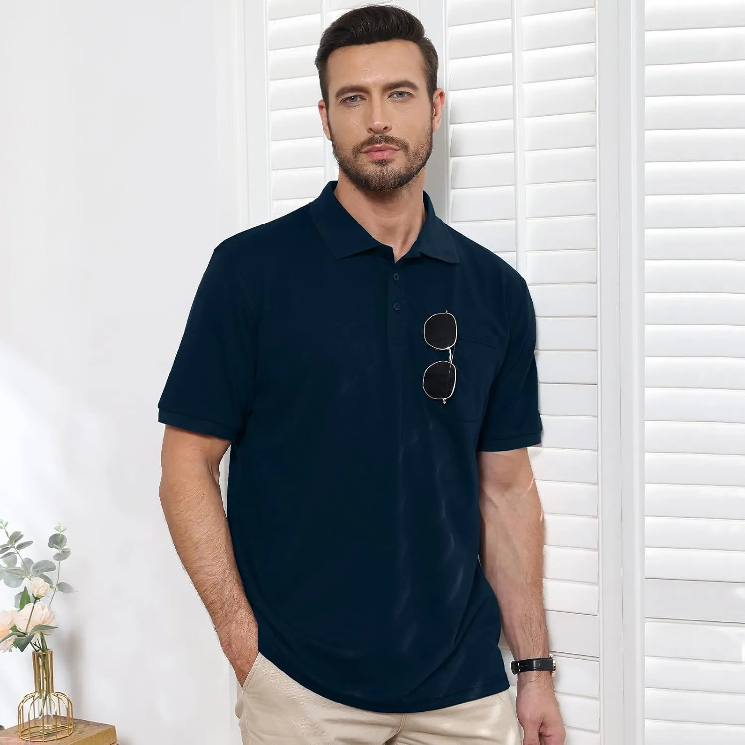 TIHEEN Men's Big & Tall Moisture Wicking Performance Golf Polo Shirt with Pocket Short Sleeve