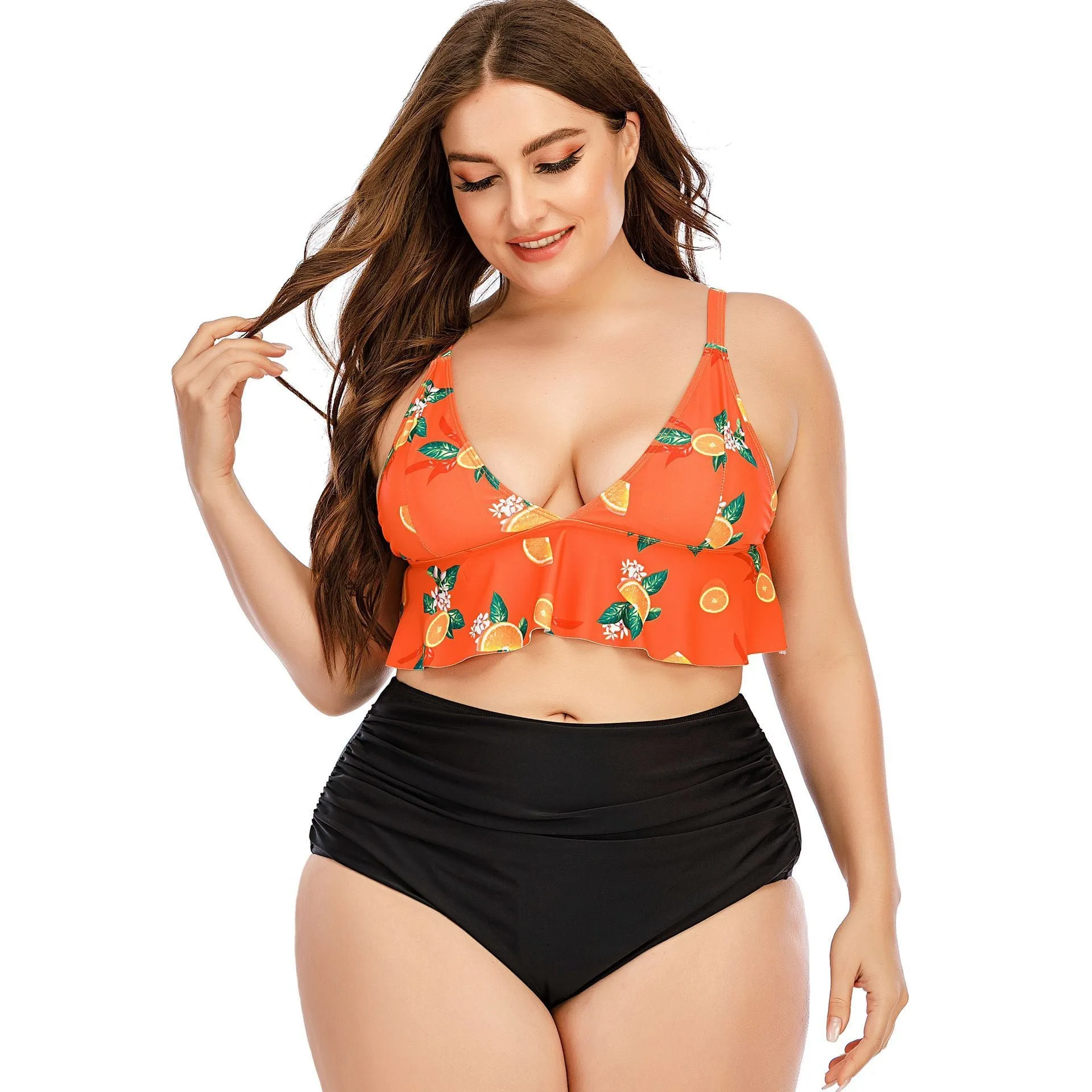 Trendy Women's Split High Waist Swimming Suit With Sunflower Pattern Plus Size