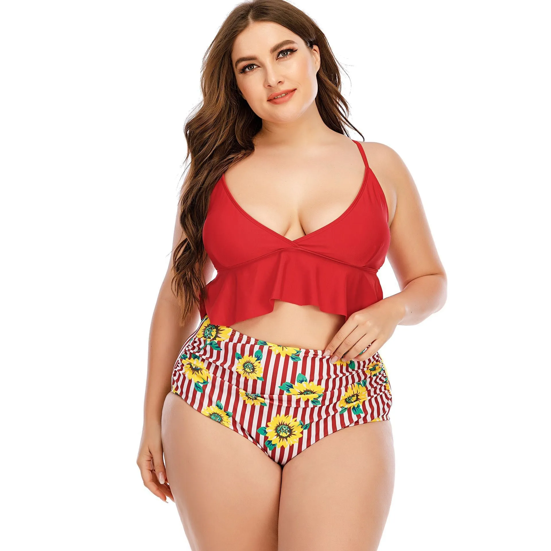 Trendy Women's Split High Waist Swimming Suit With Sunflower Pattern Plus Size