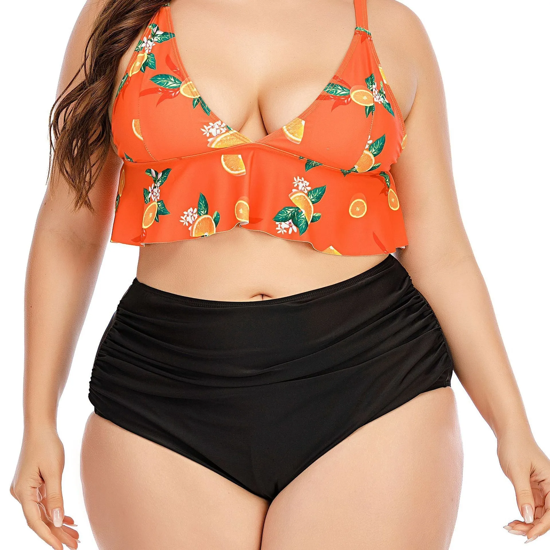 Trendy Women's Split High Waist Swimming Suit With Sunflower Pattern Plus Size