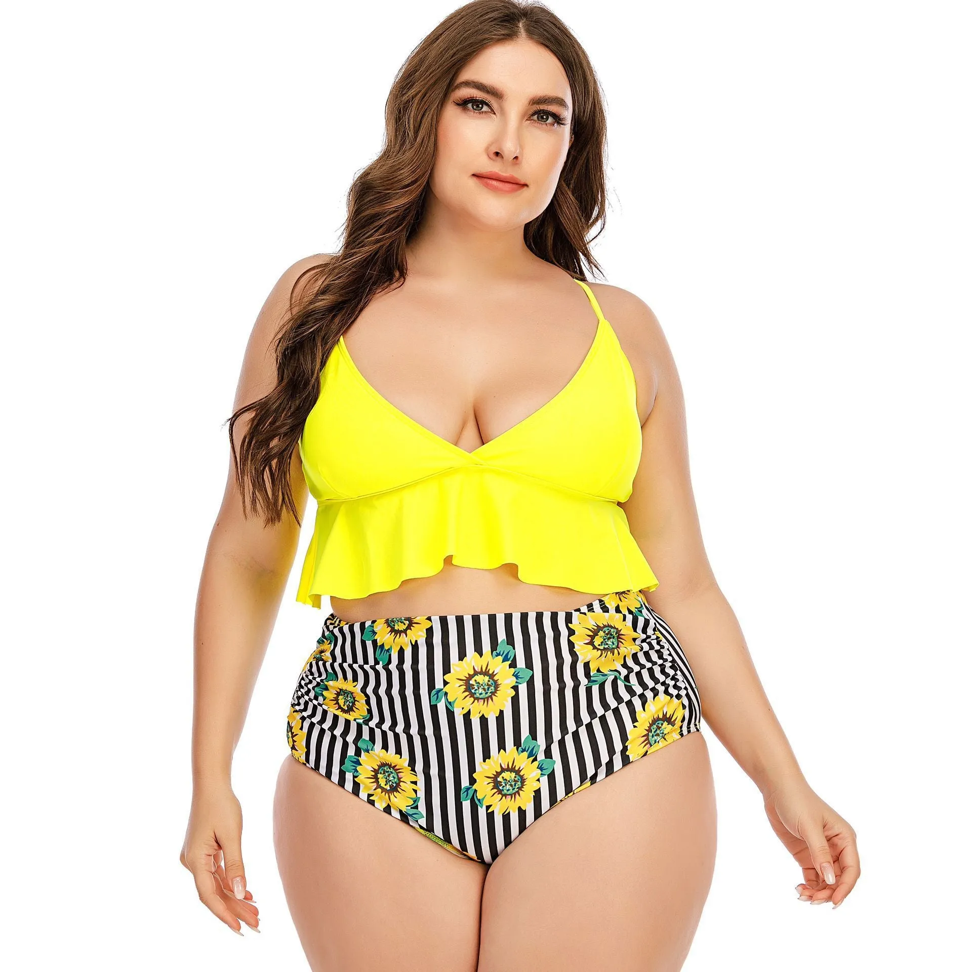 Trendy Women's Split High Waist Swimming Suit With Sunflower Pattern Plus Size